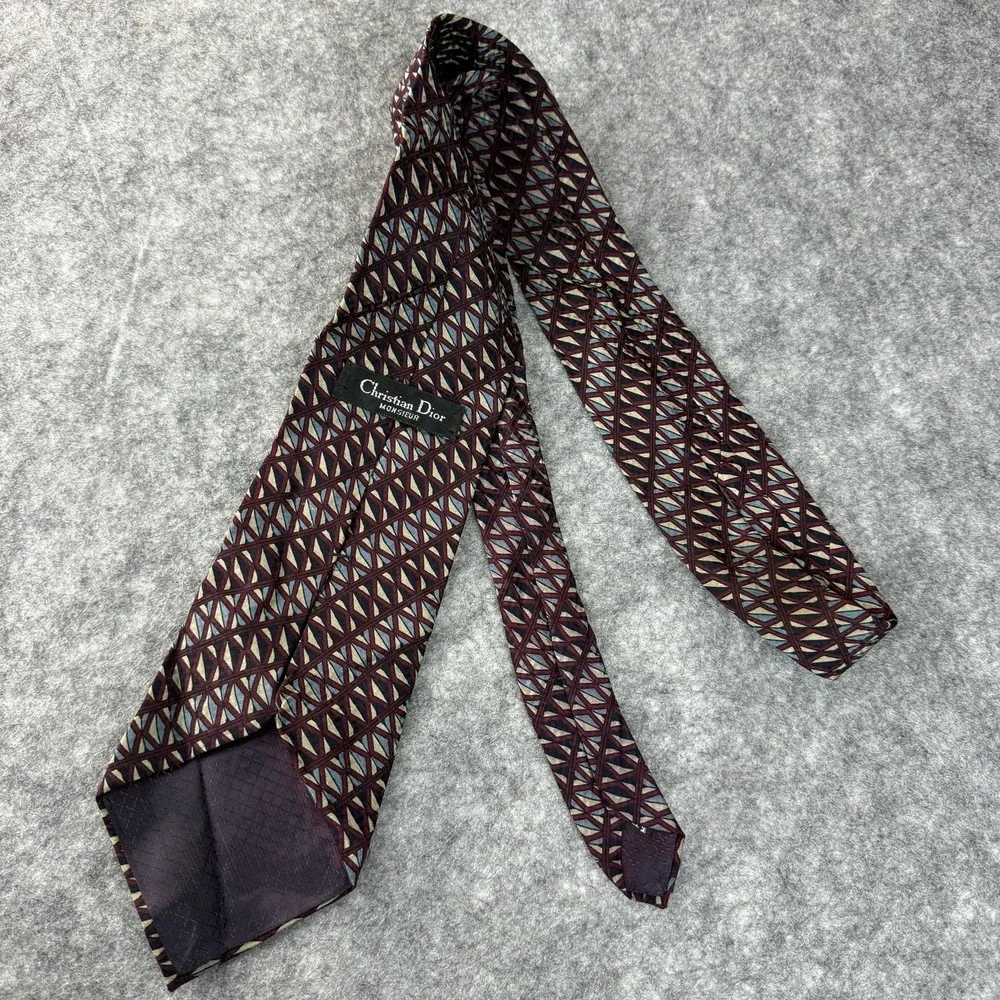 Vintage Christian Dior Monsieur Silk Men's Tie USA Geometric Burgundy Cream Blue